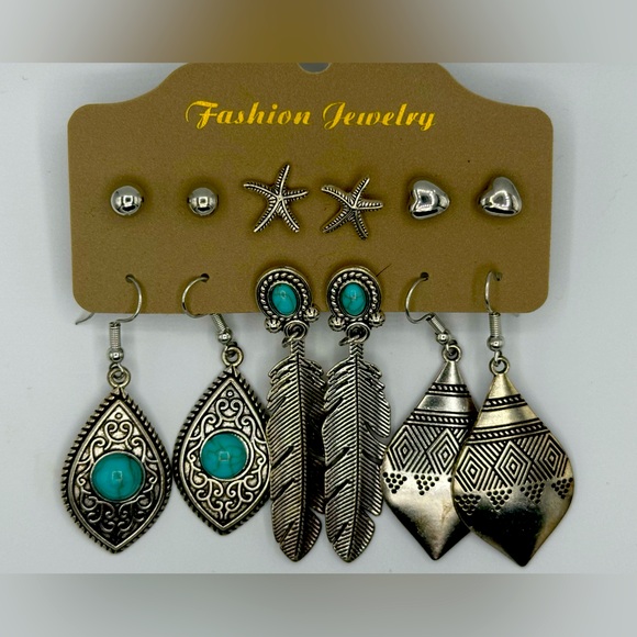 Boho Drop Dangle Stud Earring Set Feather Silver  Turquoise Gift for Her Trendy - Picture 1 of 6